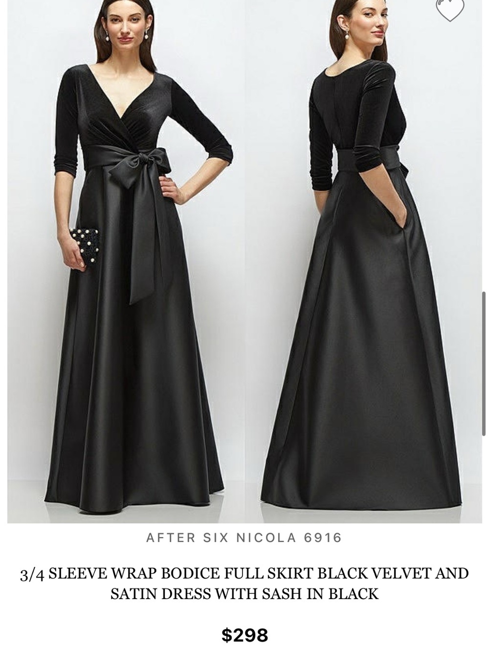 After Six Black Velvet Bodice Satin Skirt Wrap Gown with Sash